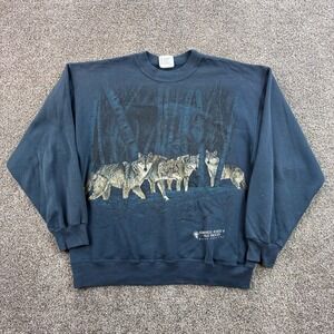 Vintage Wolf Pack Sweatshirt Mens Large Blue Cotton Blend Gray Wolf Nature 90s